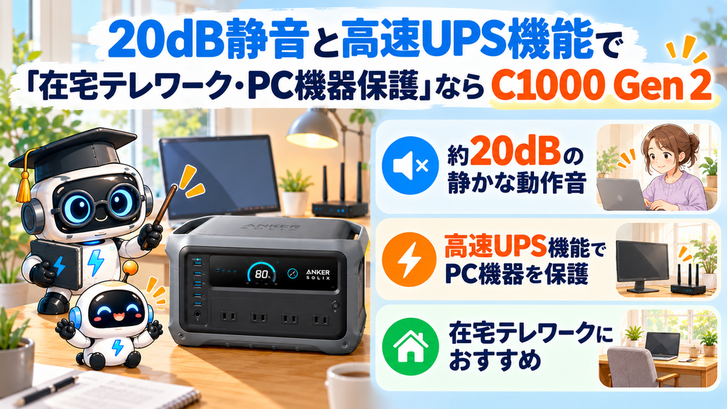 【家全体の電力はまかなえないが…】20dB静音と高速UPS機能で「在宅テレワーク・PC機器保護」ならC1000 Gen 2の図