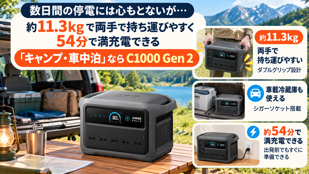 【数日間の停電には心もとないが…】約11.3kgで両手で持ち運びやすく54分で満充電できる「キャンプ・車中泊」ならC1000 Gen 2の図