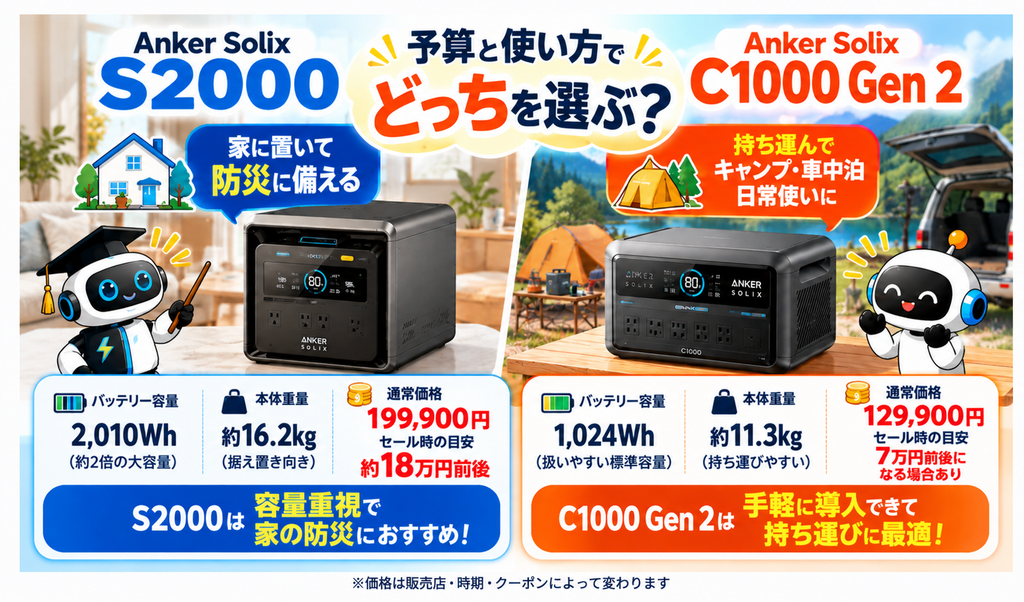 Anker Solix S2000とC1000 Gen 2の容量・重量・通常価格・セール時の目安と、おすすめ用途を比較した図
