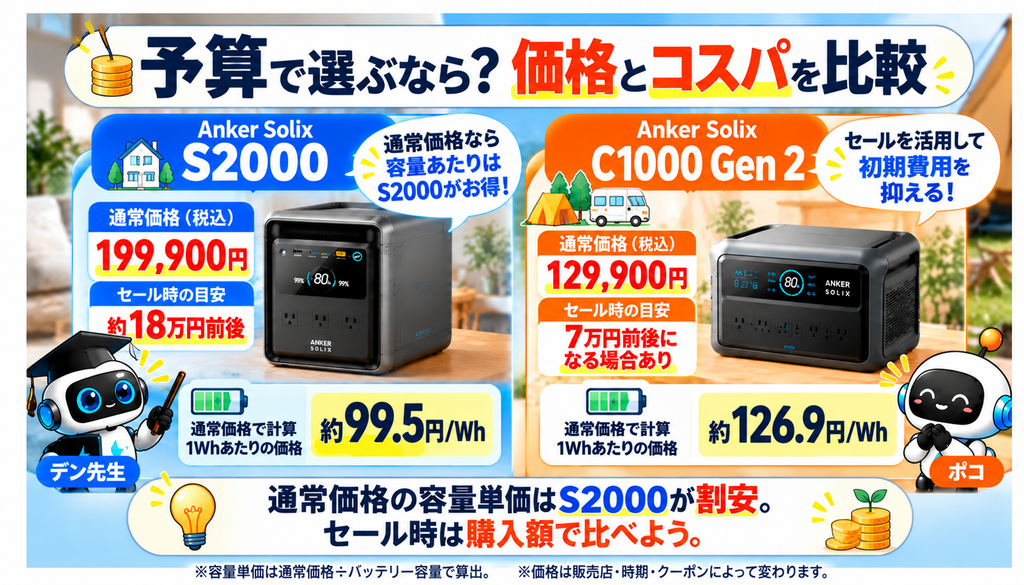 Anker Solix S2000とC1000 Gen 2の通常価格・セール時の目安・通常価格で計算した容量単価を比較した図