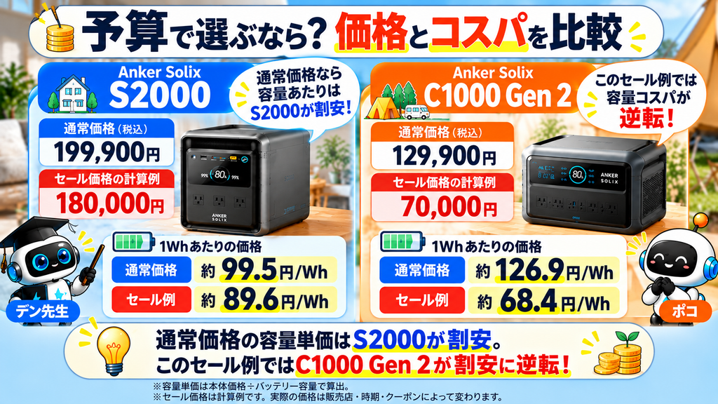 Anker Solix S2000とC1000 Gen 2の通常価格とセール価格の計算例を比較し、容量単価が逆転する条件を示した図