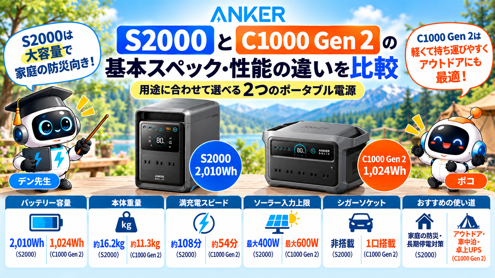 Anker Solix S2000とC1000 Gen 2の容量・重量・充電時間・ソーラー入力など基本スペックの違いを比較した図