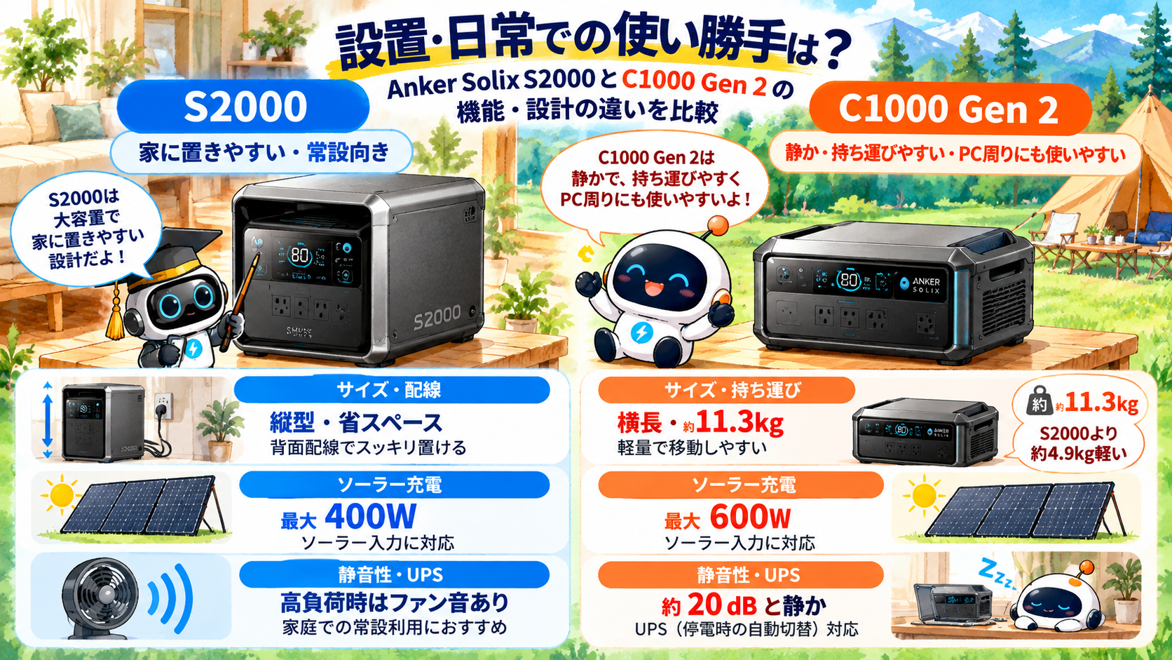 Anker Solix S2000とC1000 Gen 2の設置性・ソーラー充電・静音性・UPS機能の違いを比較した図