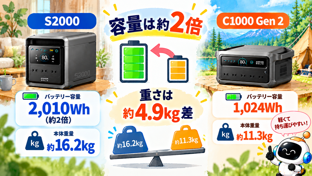 【容量・重量の差】S2000は16.2kgと重いが、C1000 Gen 2の約2倍（2,010Wh）で停電時も数日間安心の図