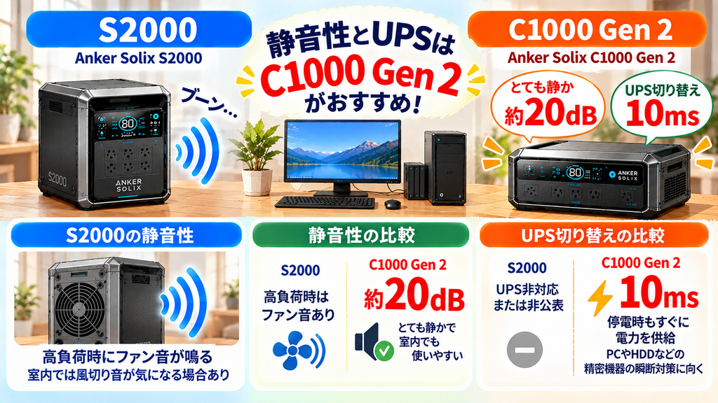 【静音性とUPSの差】S2000は高負荷時にファン音が鳴るが、C1000 Gen 2は20dB超静音＆10ms切り替えで卓上PCに最適の図