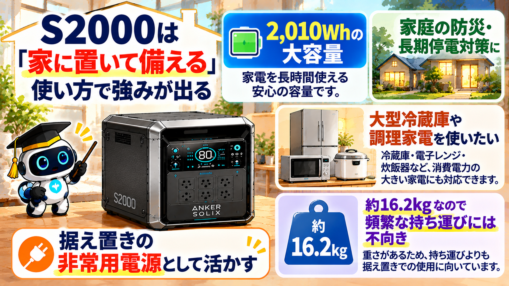 Anker Solix S2000が家庭の防災や長期停電対策など据え置き用途に向いていることを示した図
