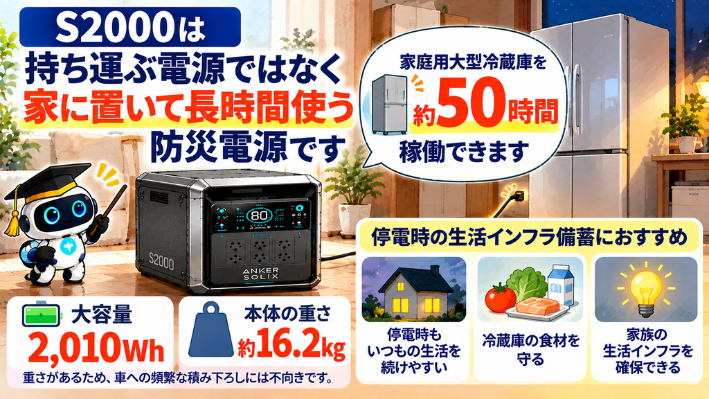 【持ち運びには適さないが…】家庭用大型冷蔵庫を約50時間稼働させたい「防災・生活インフラ備蓄」ならS2000の図